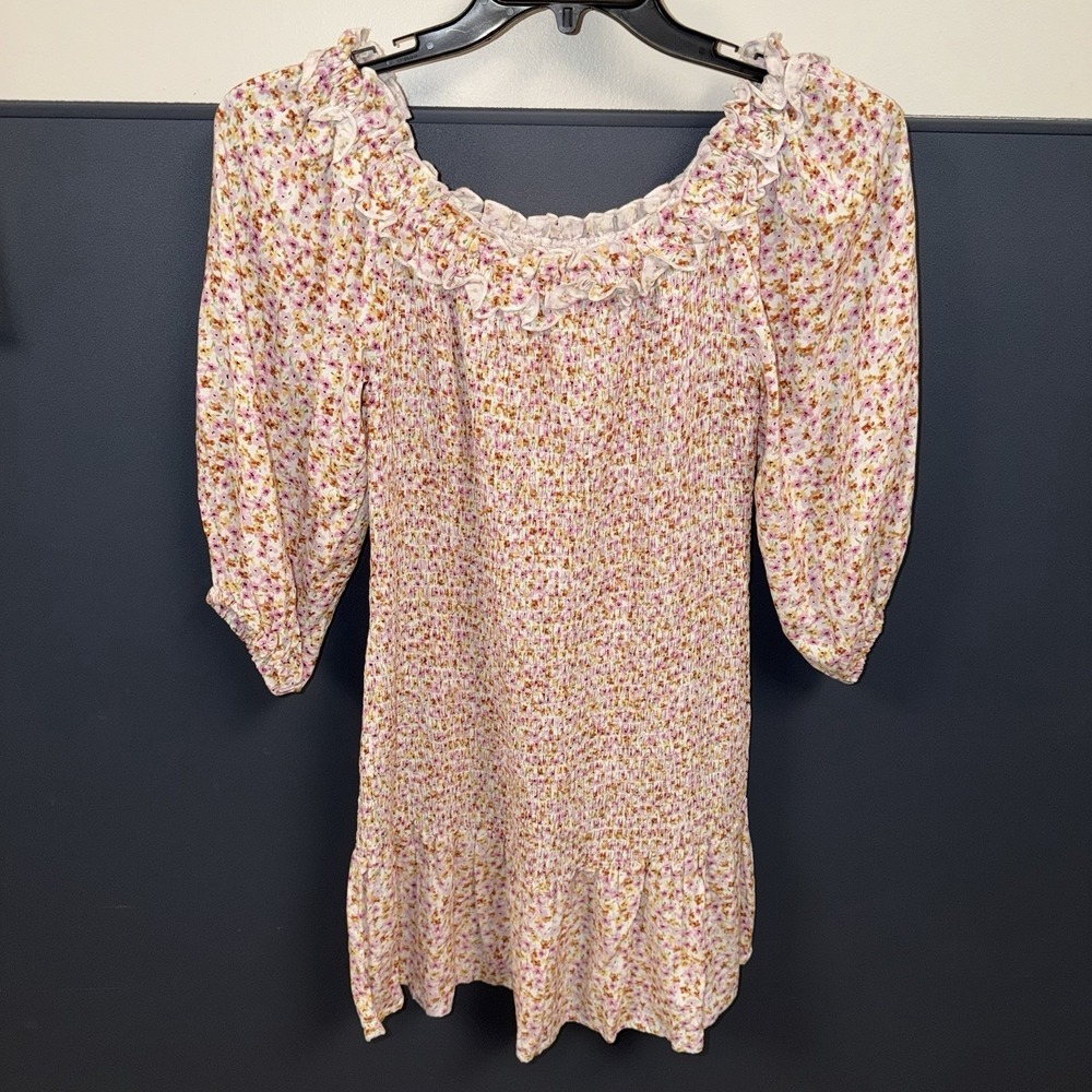 Kit & Sky Sz XL Boho Printed Smocked Fitted Boho Dress Pink Orange On Off Should